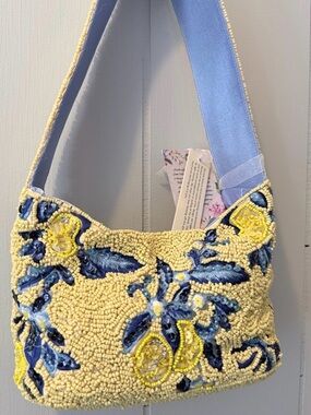 T.J.Maxx Yellow Beaded Shoulder Bag with Blue Floral Accents